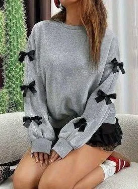 Women's Gray With Black Bows On The Sleeves Long Sleeve Sweatshirt Size XXL thumbnail 1