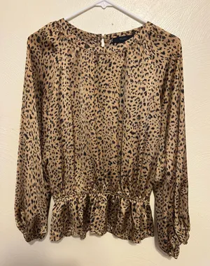 Eclair Abstract Animal Print Peplum Blouse Size Medium Brown thumbnail 1