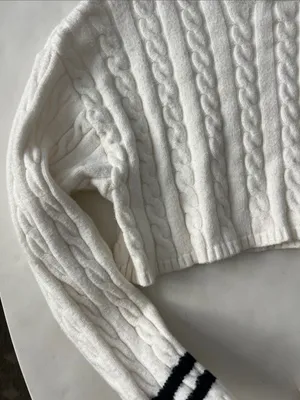 EDIKTED Cropped Cable Knit Ivory Stripe Contrast Sweater Preppy Academia Small thumbnail 3