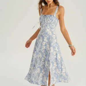 Rihoas Blue Floral Ruched Slip Midi Dress thumbnail 2