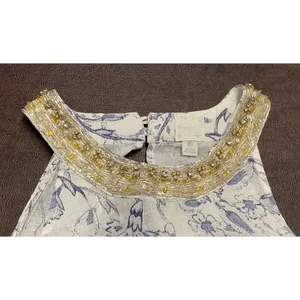 120% Lino Linen Beaded Halter Maxi Dress Floral White Blue EU 38 US 6 Coastal thumbnail 6
