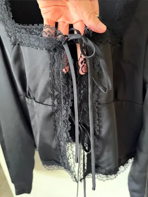 Gianni bini black satin goth lace square neck tie front top blouse L thumbnail 3