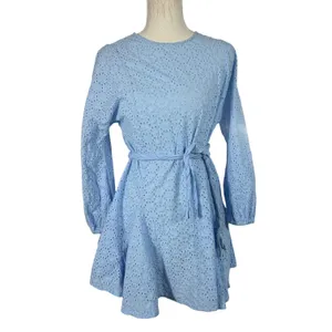 GB Eyelet Lace Mini Dress Womens L Light Blue Braided Tie Waist Long Sleeve Boho thumbnail 3