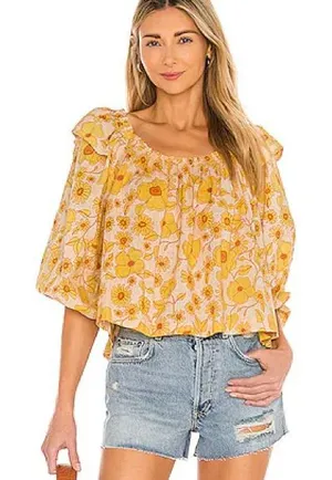 Free People yellow floral off shoulder blouse Miss Daisy Printed Top Ivory Combo thumbnail 1