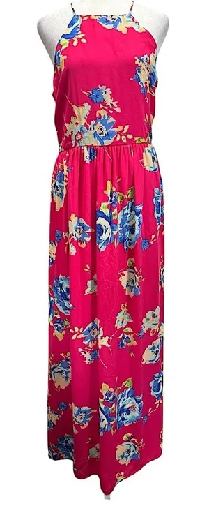 Everly Hot Pink Floral Halter Neckline Maxi Sundress Pleated Skirt Boho Vacation Party thumbnail 1