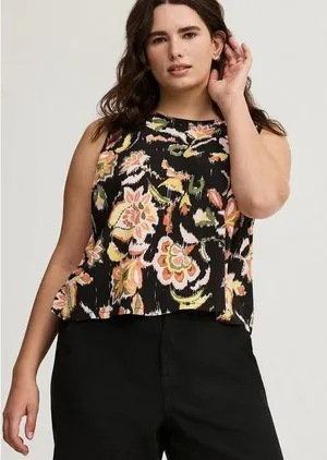 Torrid Bella Jaco Deep Black Floral Ikat Challis Sleeveless Blouse Women's 1 NWT thumbnail 1