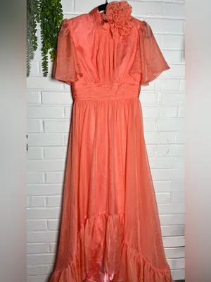 Mac Duggal Coral Chiffon Dress With Floral Accent at Neck thumbnail 2
