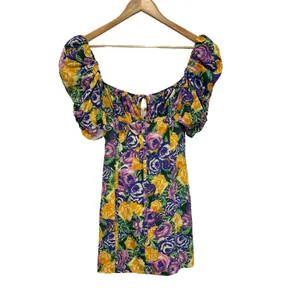 Zara Floral Puff Sleeve Mini Dress Purple Yellow Rose Print Sweetheart Neck XS thumbnail 2