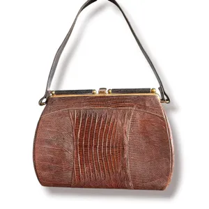 Vintage Brown Lizard Skin Print Frame Handbag Mid Century Exotic Top Handle thumbnail 3