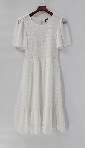 Kandra Womens Dress Medium White Smocked Flutter Sleeve Swiss Dot Flowy Midi NEW thumbnail 1