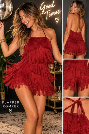 Sexy Red Flapper Fringe Halter Romper 1920s Gatsby Tiered Charleston Cocktail S thumbnail 2