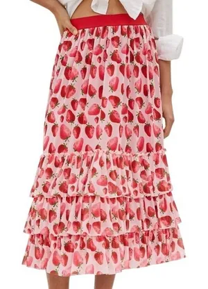 NWT Anthropologie Eva Franco‎ Strawberry Print Tiered Tulle Midi Skirt Size XS thumbnail 1