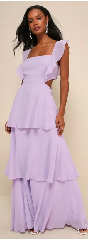 Lulus Elegant Event Lavender Ruffled Tie-Back Tiered Maxi Dress Size Small NWT thumbnail 1