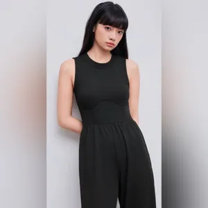 CIDER Solid Wide Leg Corset Rib Jumpsuit Black Minimalist Chic Vibe Size Large thumbnail 3