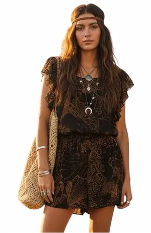 Whimsical Noir Mimi Chica Bird & Ruffle Boho Romper Earthy Hippie Festival M thumbnail 1