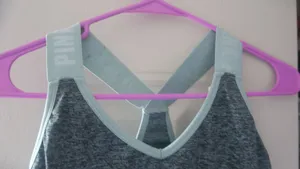 PINK Victoria's Secret seamless lightly lined sport sports bra sparkly pink on straps in gray and blue size medium. thumbnail 2