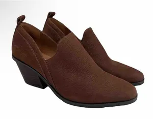 Lucky Brand Women's Vennia Brown Nubuck Leather Booties Stacked Heel Slip On thumbnail 1