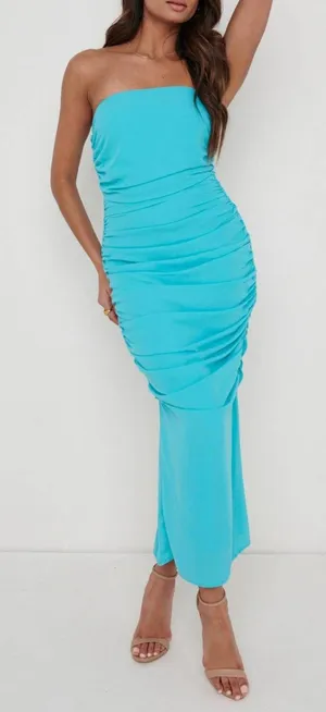 Pretty‎ Lavish Matilda Ruched Strapless Midi Dress Turquoise Blue Guest 8 NEW thumbnail 1