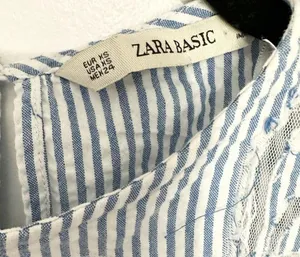 Zara striped blue blouse with lace floral cutout details mesh pin stripe size XS thumbnail 3