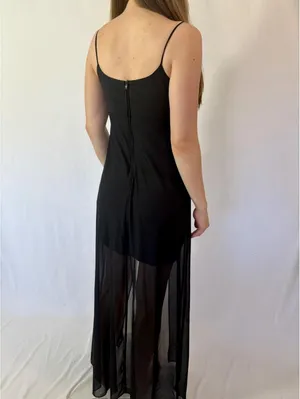 Vintage Blondie Nites Black Rosette Mesh Overlay High Low Evening Gown thumbnail 4