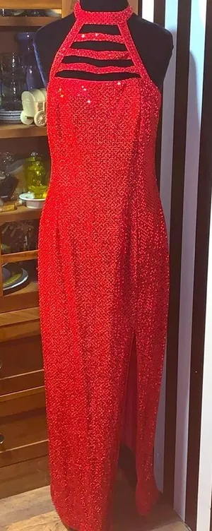 Sexy Retro Vintage 90s Red Sequin Floor Length Formal Gown Halter Neck Leg Slit thumbnail 1