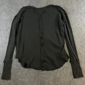 We The Free Free People Black Thermal Waffle Knit Raw Seam Top Thumbholes Small thumbnail 2