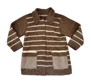 Hand Knit Brown Striped Wool Feel Cardigan Sweater Collared Cottagecore Medium thumbnail 1