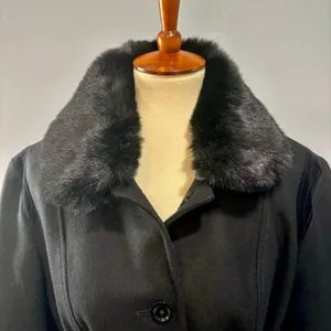 Faux Fur Collar Black Trench Coat Coquette Dark Academia Old Money Wool Blend XL thumbnail 4