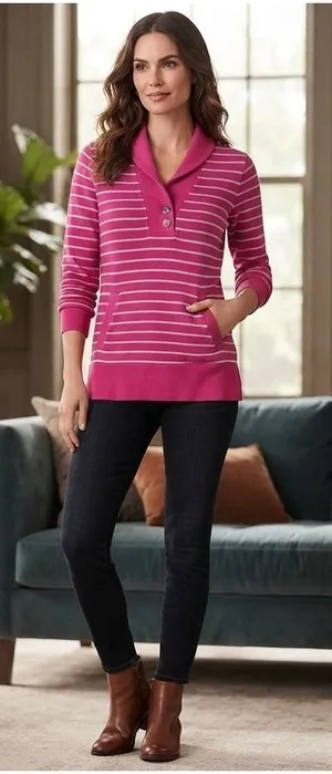 Banana Republic Pink White Striped Shawl Collar‎ Pullover Sweatshirt Women L thumbnail 1