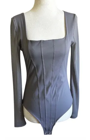 Pinkm Style Women Medium Gray Corset Mesh Long Sleeve Square Neck Bodysuit |0199 thumbnail 1