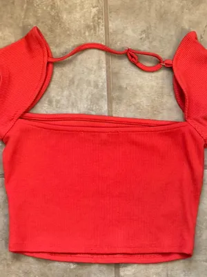 Cap Sleeve Red Ribbed Crop Top with Flutter Straps thumbnail 3