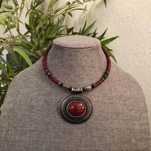Vintage Whimsygoth Vampy Black Red Spice Necklace Southwestern Beaded Faux Red Jasper Pendant Choker Chunky Stone Boho Adjustable #gothic #whimsical #classy #alternative #emo Measurement in pics thumbnail 1