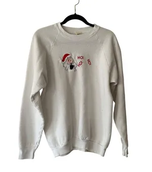 Vintage Santa Sweatshirt "Ho! Ho! Ho!" Ugly Christmas Sweater XL White READ thumbnail 1