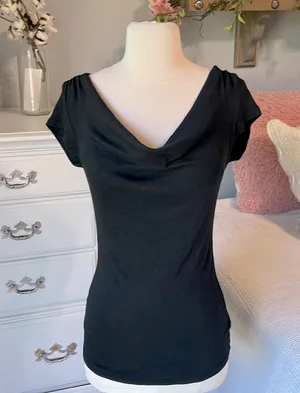 Express Sexy Basic Black Top Drape Neck Short Sleeve Cotton Womens Small thumbnail 1