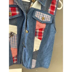 Vintage Patchwork Denim Vest Blue Red Plaid Floral Star Button Cottagecore Top thumbnail 3