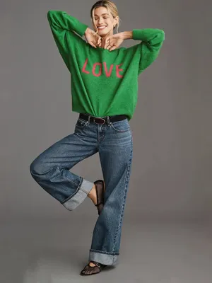 Sundry Love Oversized Green Crewneck Sweater with Pink Graphic Size Small thumbnail 3