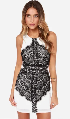Lulus White & Black Lace Detailed Bodycon Dress thumbnail 1