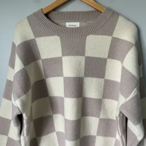 Bohme Boutique Knit Boho Sweater Crewneck Checkered Pattern Brown Cream Size Med thumbnail 5