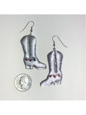 Silver Tone Fabric Cowboy Boot Earrings with Red Stars thumbnail 4