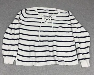 Old Navy Sweater Womens XL White‎ Striped Lace-Up Pullover Open-Knit Relaxed thumbnail 1