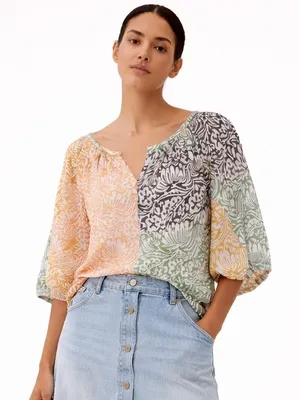 Roller Rabbit mixed print orange green brown &white boho patterned cotton top. L thumbnail 1