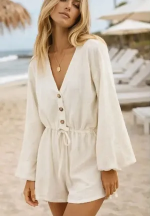 Sabo Skirt white vneck long sleeve button front romper size xs thumbnail 1