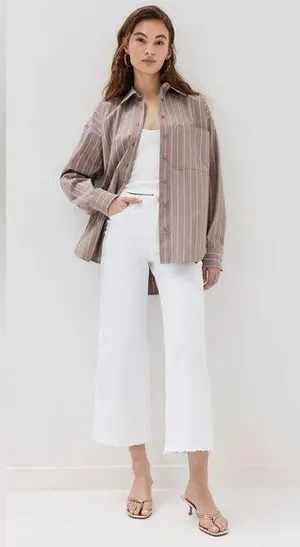 Good American Womens S OVERSIZED POPLIN SHIRT- Putty Stripe Shacket Button Down thumbnail 1