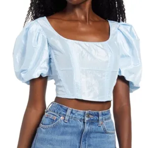 NWT Topshop Corset Puff Sleeve Solid Crop Top Blue Regencycore Shimmer Size 6 thumbnail 1