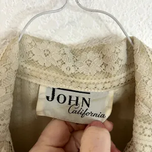 Vtg 70s John California Button Down Lace Dress Maxi Womens Cream Boho Collared thumbnail 6