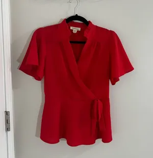 Monteau Red Short Sleeve Wrap Blouse with Mandarin Collar thumbnail 1