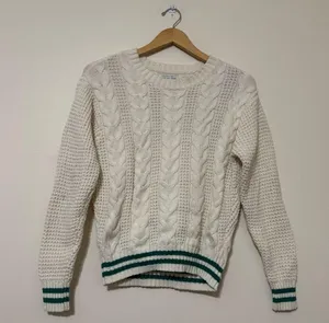 American Eagle Cream Cable Knit Cotton Sweater with Green Striped cuffs thumbnail 1