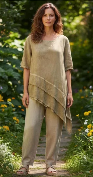 NWT Maria De Guadalajara Asymmetric Hem Cotton Tunic Blouse Tan Small Boho thumbnail 1