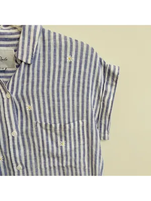 Rails Whitney Blue White Stripe Daisy Short Sleeve Collared Linen Rayon Shirt XS thumbnail 8