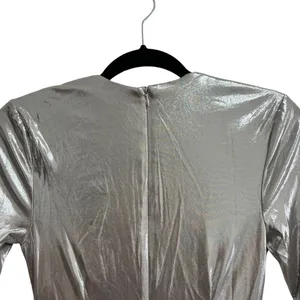 NEW NWT Gwen Long Sleeve Draped Neck Mini Dress In Silver Metallic thumbnail 6